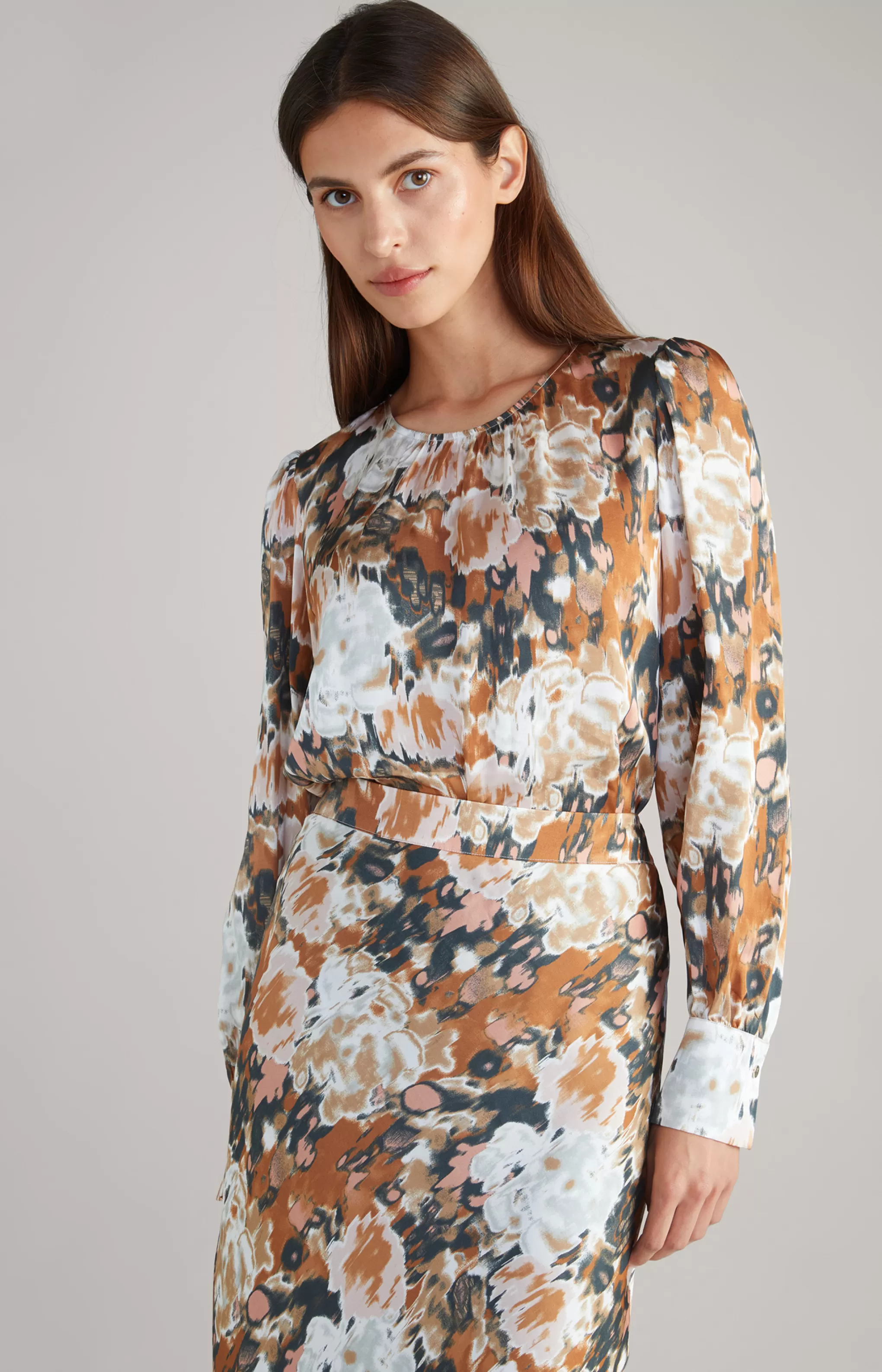 Blouses | Clothing*JOOP Blouses | Clothing Long-sleeved Satin Blouse in a Brown/Black/Ecru Pattern